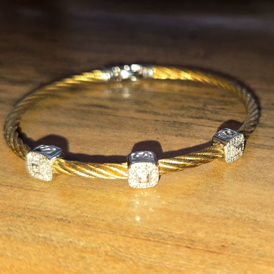 Authentic Charriol 18k Yellow Gold Steel Diamond 3 Station Bracelet 375$